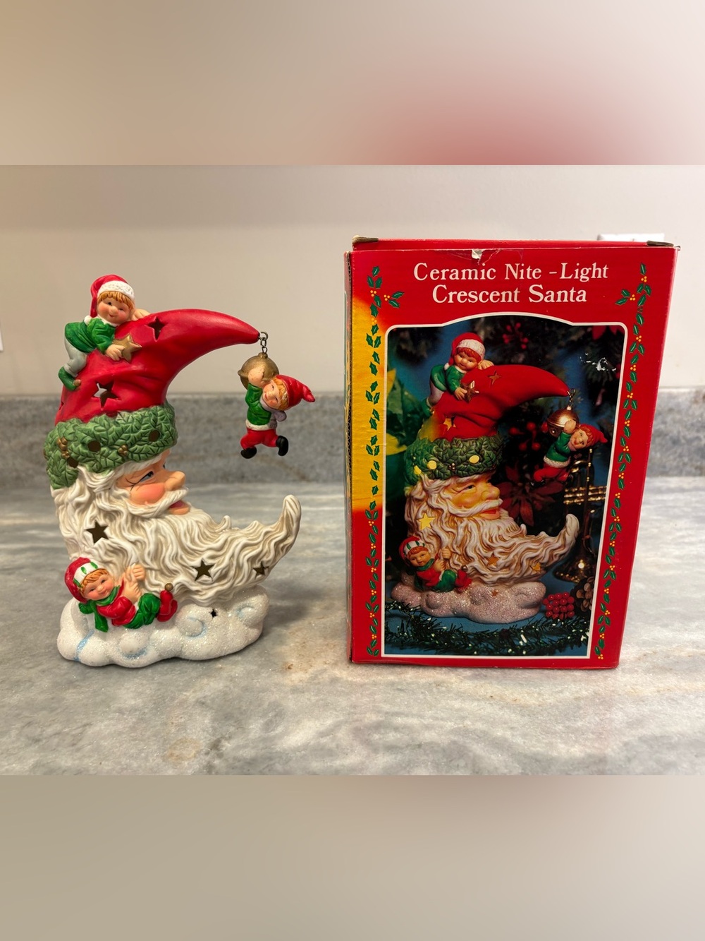 1994 Santa Elf Moon Nite Light Ceramic Illuminated Crescent Christmas *FLAW*